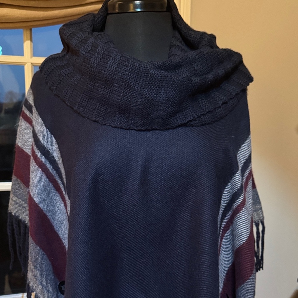 Elegant Navy, Burgundy, & Cream Cowl Neck Poncho OS